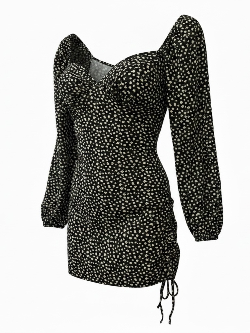 Lush Black Dress with Cream mini floral  Dot Print and Ruched Sides
